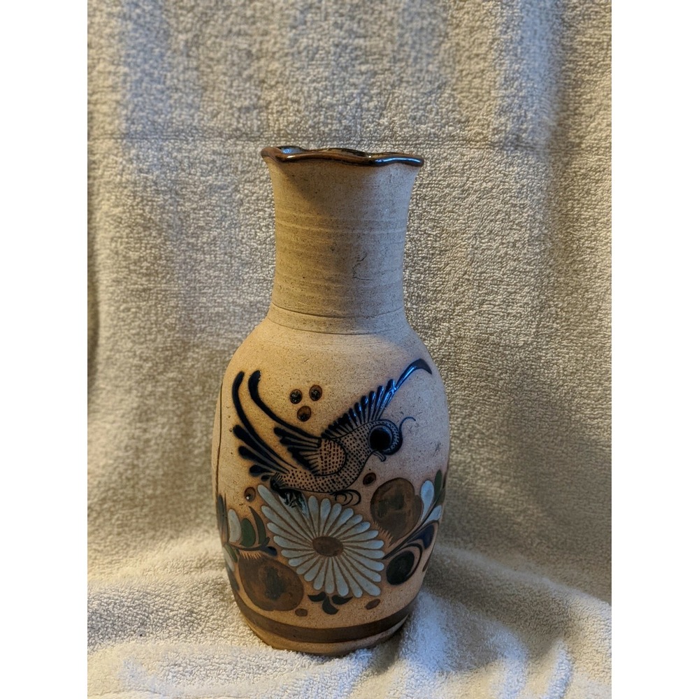 Tonala Folk Art Mexican Pottery Tall Vase Ruffled Edges Bird Flowers Sandstone